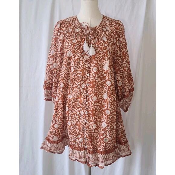 Anthropologie Cleobella Womens Rust Cream Floral Gwen Mini Dress XS Boho Gypsy - Picture 1 of 5